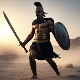 Generate a high quality, ultra HD, cinematic image of a Greek warrior in war at dawn