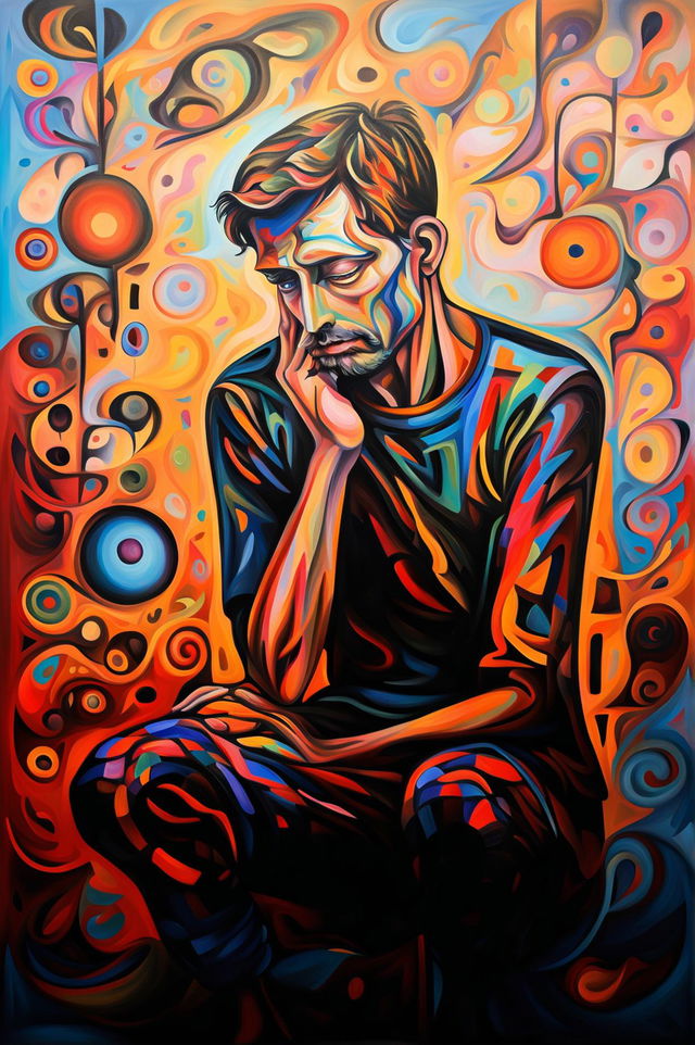 A high-definition modern art painting of a man deep in thought, portrayed in an abstract style with bold, contrasting colors and abstract shapes in the background