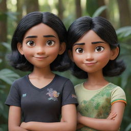 Two Disney-Pixar style characters in focus. The first an athletic girl with black hair in a gym suit in the jungle; A closeup shot, detailed. The second a cute girl with black hair wearing a traditional Indian saree.