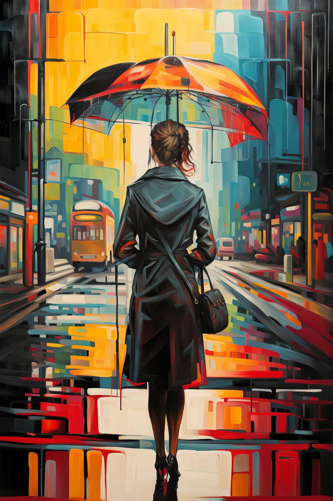 A high-definition modern art painting of a woman waiting for a bus in the rain, depicted in an abstract style with bold, contrasting colors