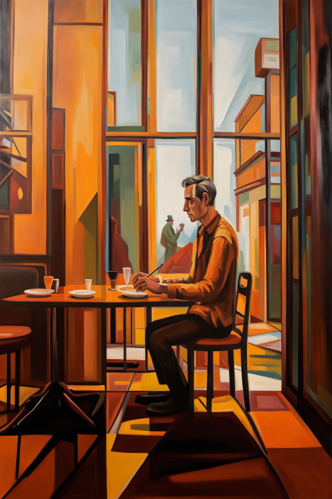 A high-definition modern art painting of a man sitting alone in an empty restaurant, rendered in an abstract style with bold, contrasting colors