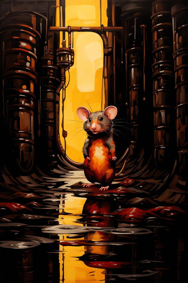 A high-definition modern art painting of a rat in a sewer, depicted in an abstract style with bold, contrasting colors, conveying a sense of survival and resilience