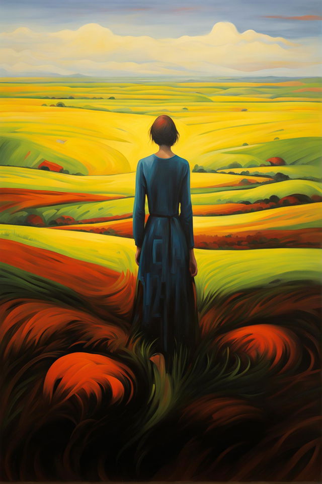 A high-definition modern art painting of a woman standing alone in a field, depicted in an abstract style with bold, contrasting colors, conveying a sense of serenity and introspection