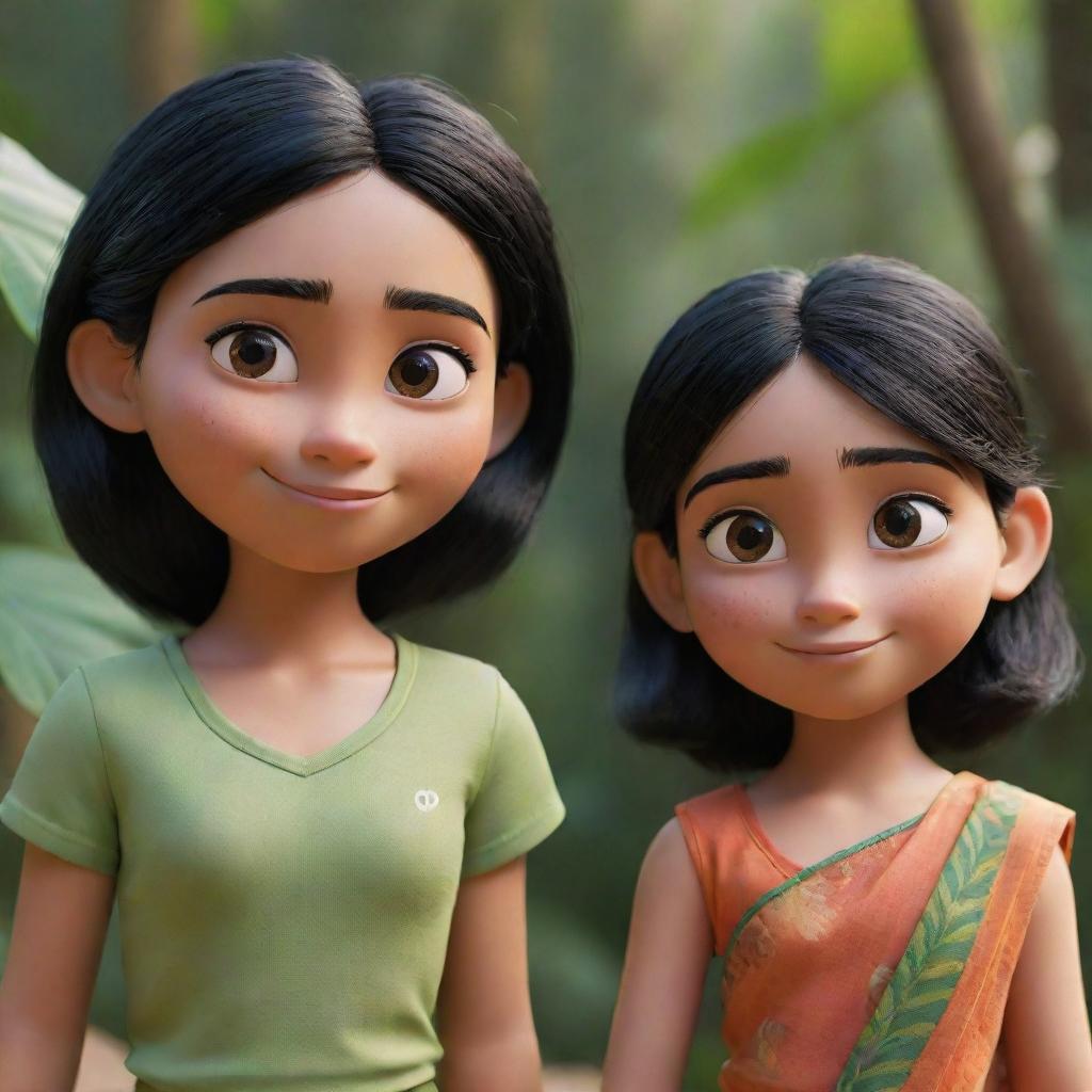 Two Disney-Pixar style characters in focus. The first an athletic girl with black hair in a gym suit in the jungle; A closeup shot, detailed. The second a cute girl with black hair wearing a traditional Indian saree.