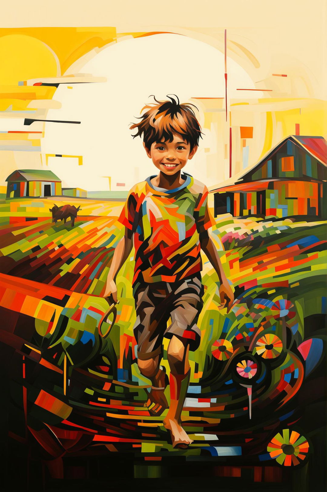 A high-definition modern art painting of a young boy on a farm, depicted in an abstract style with bold, contrasting colors, evoking a sense of joy and freedom