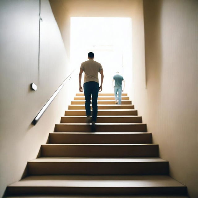 Generate an image of a man in the background walking up a set of stairs