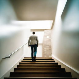 Generate an image of a man in the background walking up a set of stairs