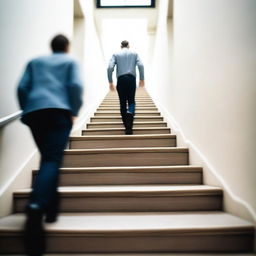 Generate an image of a man in the background walking up a set of stairs