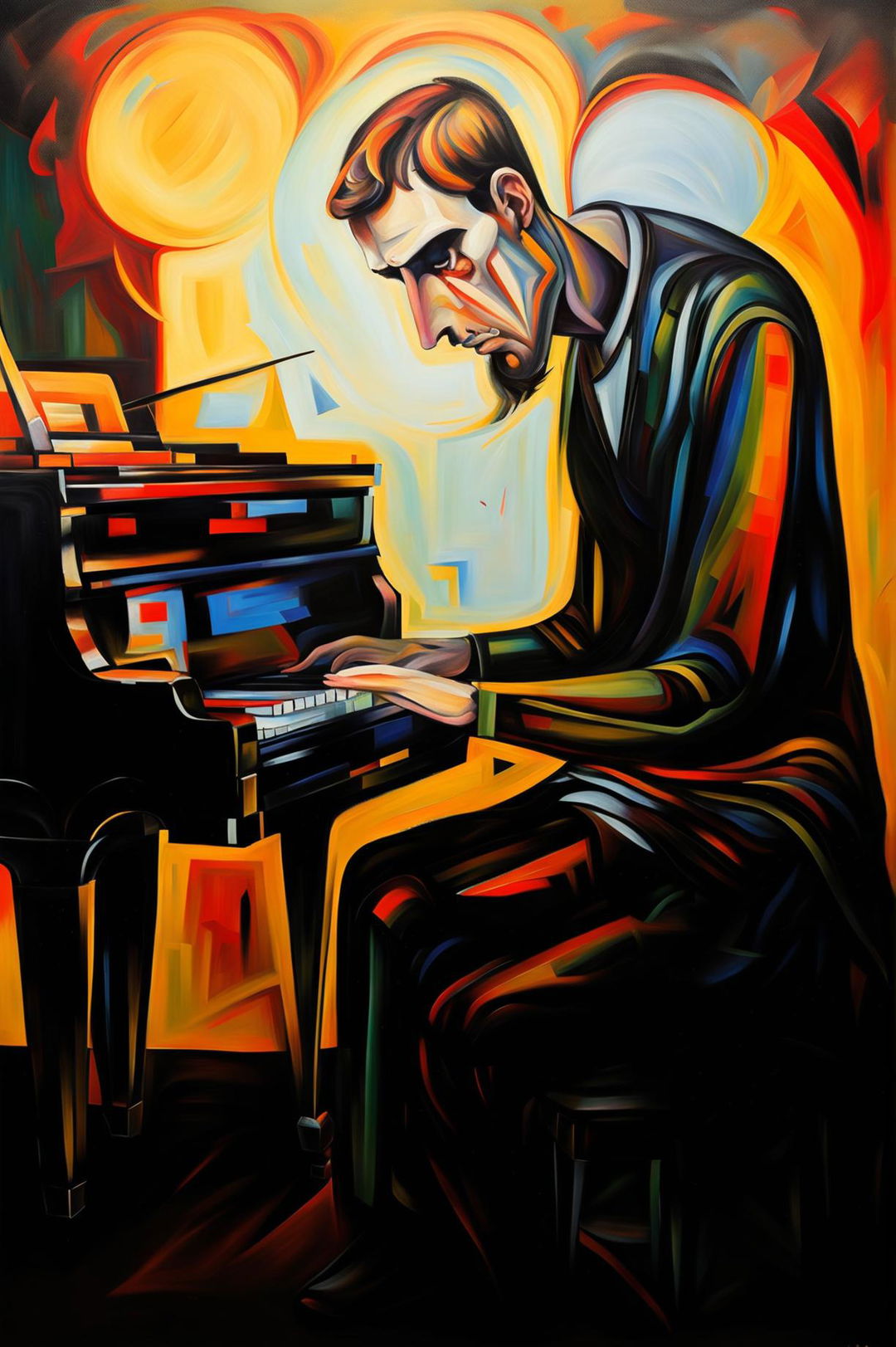 A high-definition modern art painting of a sad man playing a piano, depicted in an abstract style with bold, contrasting colors, capturing the emotional intensity and the cathartic power of music