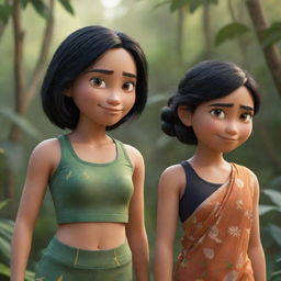 Two Disney-Pixar style characters in focus. The first an athletic girl with black hair in a gym suit in the jungle; A closeup shot, detailed. The second a cute girl with black hair wearing a traditional Indian saree.