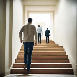 Generate an image of a man in the background walking down a set of stairs