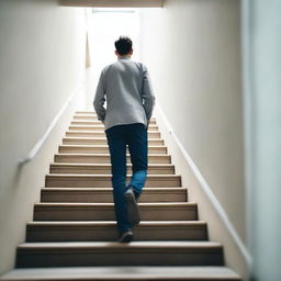 Generate an image of a man in the background walking down a set of stairs