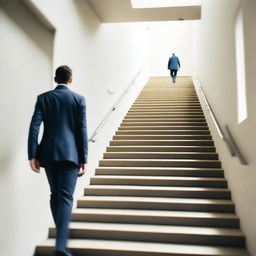 Generate an image of a man in the background walking down a set of stairs