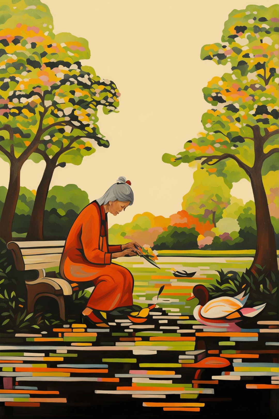 A high-definition modern art painting of an old lady in a park feeding ducks, depicted in an abstract style with bold, contrasting colors, capturing the quiet joy and the serene mood of the scene