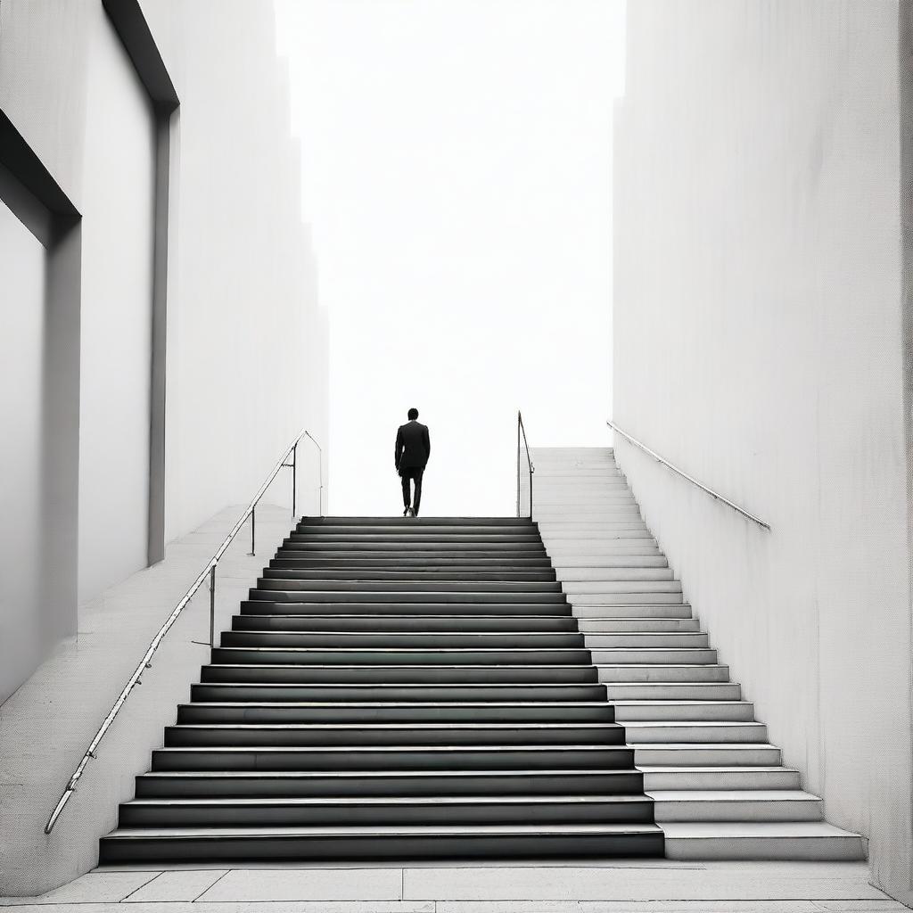 Generate an image where in the distance, a man is walking down a set of stairs