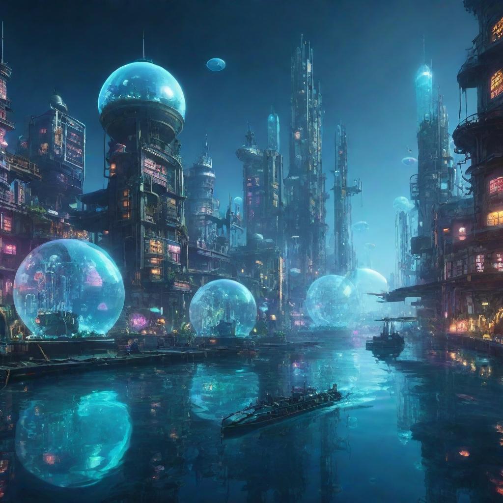 An underwater city in an aquapunk style, with buildings encased in bubbles, glowing neon lights reflecting off the water, and futuristic submarines serving as transportation