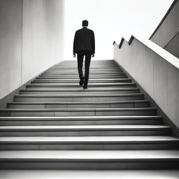 Generate an image where in the distance, a man is walking down a set of stairs