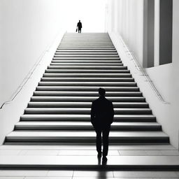 Generate an image where in the distance, a man is walking down a set of stairs