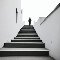 Generate an image where in the distance, a man is walking down a set of stairs