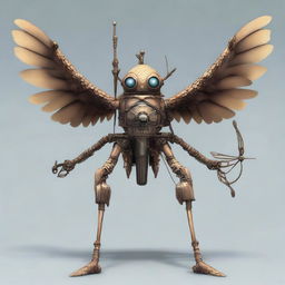 Generate an image of a winged monodrone with 4 arms, a creature from the Dungeons and Dragons universe, carrying a crossbow