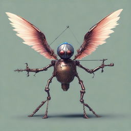 Generate an image of a winged monodrone with 1 eye and 4 arms, a creature from the Dungeons and Dragons universe, carrying a crossbow