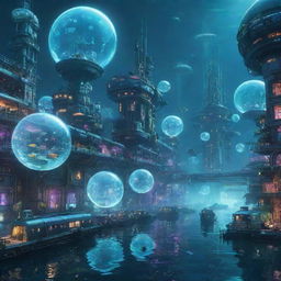 An underwater city in an aquapunk style, with buildings encased in bubbles, glowing neon lights reflecting off the water, and futuristic submarines serving as transportation