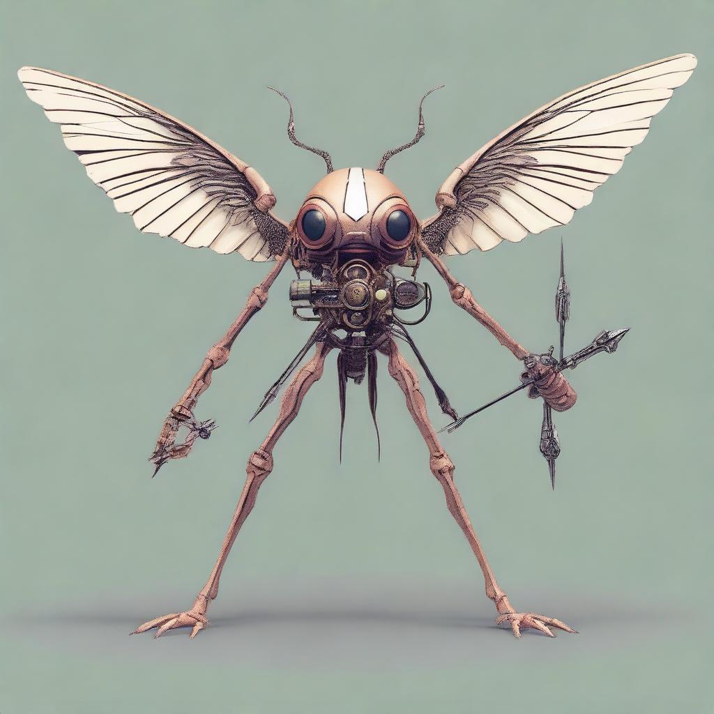 Generate an image of a winged monodrone with 1 eye and 6 arms, a creature from the Dungeons and Dragons universe, carrying a crossbow