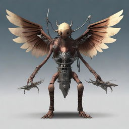 Generate an image of a winged monodrone with 1 eye and 6 arms, a creature from the Dungeons and Dragons universe, carrying a crossbow