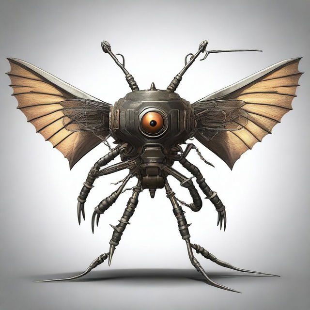 Generate an image of a winged monodrone with 1 eye and 6 arms, a creature from the Dungeons and Dragons universe, carrying a crossbow