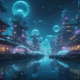 An underwater city in an aquapunk style, with buildings encased in bubbles, glowing neon lights reflecting off the water, and futuristic submarines serving as transportation