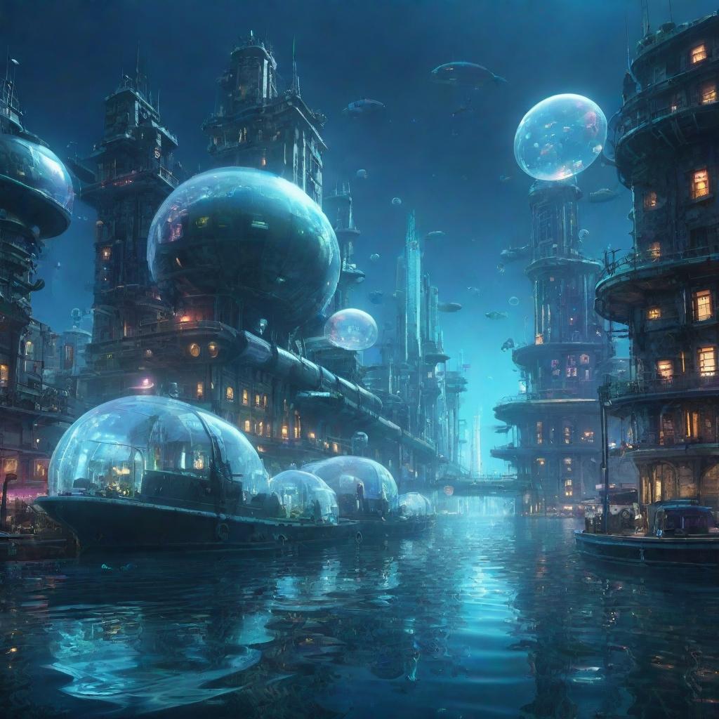 An underwater city in an aquapunk style, with buildings encased in bubbles, glowing neon lights reflecting off the water, and futuristic submarines serving as transportation