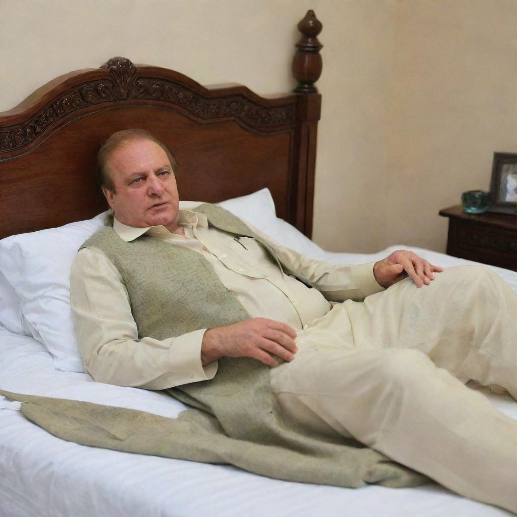 Nawaz Sharif comfortably reclining on a well-made bed