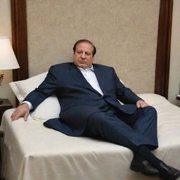 Nawaz Sharif comfortably reclining on a well-made bed