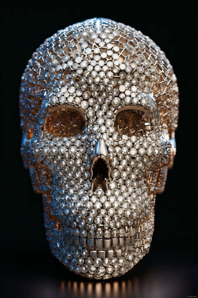 A high-definition image of a realistic human skull sculpture made out of diamonds