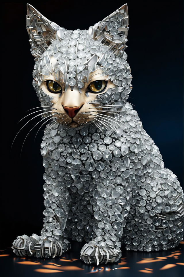 A high-definition image of a realistic cat sculpture made out of diamonds