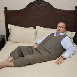 Nawaz Sharif comfortably reclining on a well-made bed