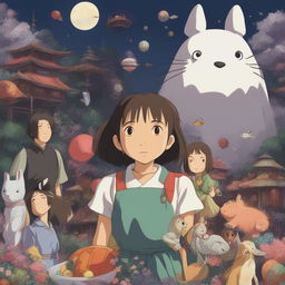 This is a request for an image inspired by the Studio Ghibli movie, Spirited Away, featuring prominent characters and elements from the Spirit World