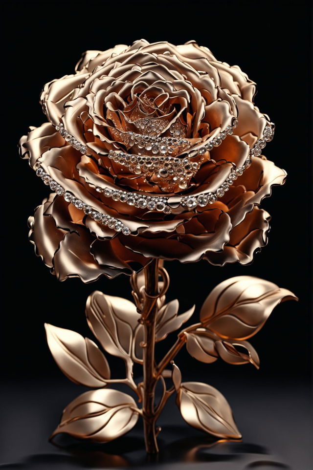 A high-definition image of a realistic rose sculpture made out of diamonds