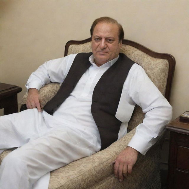 Nawaz Sharif comfortably reclining on a well-made bed