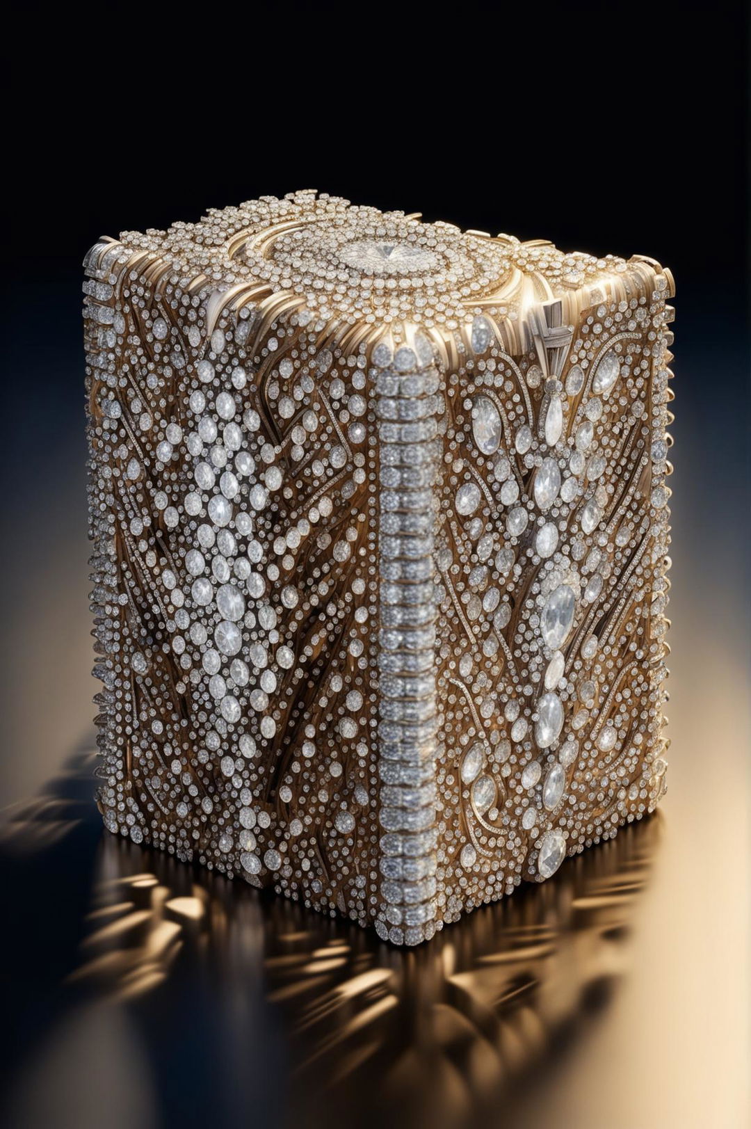 A high-definition image of a realistic book sculpture made out of diamonds