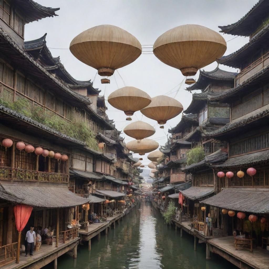 A silkpunk cityscape filled with intricate bamboo structures, floating airships made of silk and paper, and streets bustling with people in traditional East Asian attire integrated with advanced technology