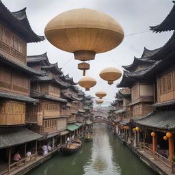 A silkpunk cityscape filled with intricate bamboo structures, floating airships made of silk and paper, and streets bustling with people in traditional East Asian attire integrated with advanced technology