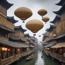 A silkpunk cityscape filled with intricate bamboo structures, floating airships made of silk and paper, and streets bustling with people in traditional East Asian attire integrated with advanced technology