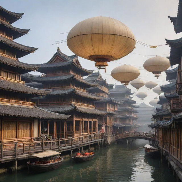 A silkpunk cityscape filled with intricate bamboo structures, floating airships made of silk and paper, and streets bustling with people in traditional East Asian attire integrated with advanced technology