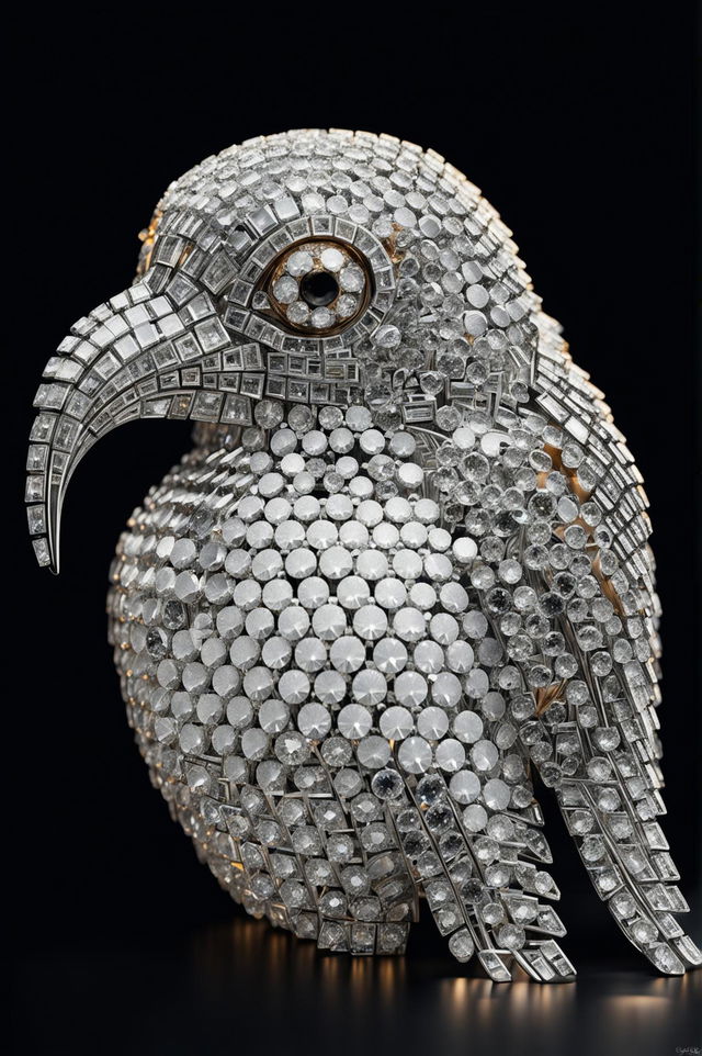 A high-definition image of a realistic bird sculpture made out of diamonds