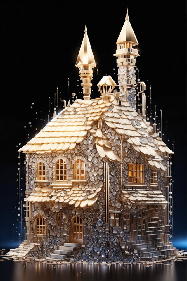 A high-definition image of a realistic cute house sculpture made out of diamonds