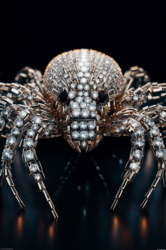 A high-definition image of a realistic spider sculpture made out of diamonds