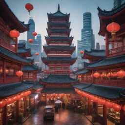 An Orientpunk cityscape with a blend of futuristic high-tech architecture and traditional Asian elements like pagodas, red lanterns, and bustling night markets