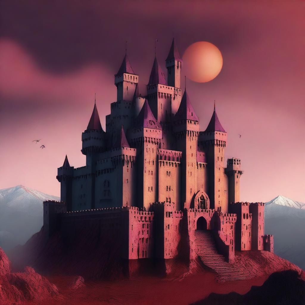 Generate an image of a massive castle situated in a hellish landscape