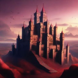 Generate an image of a massive castle situated in a hellish landscape